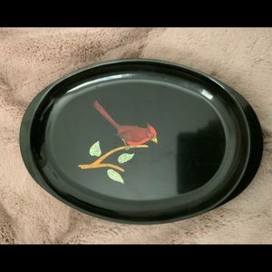 Vintage Couroc Red Bird Tree Branch Black Satin Oval Serving Tray Decorative